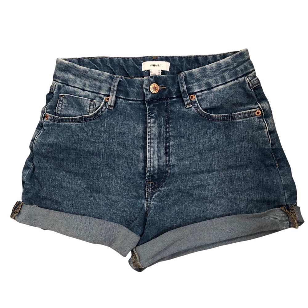 Forever 21 High-Rise Medium Wash Roll Cuff Denim Shorts Size 25